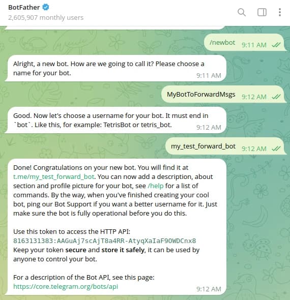 Proseso ng Setup ng BotFather